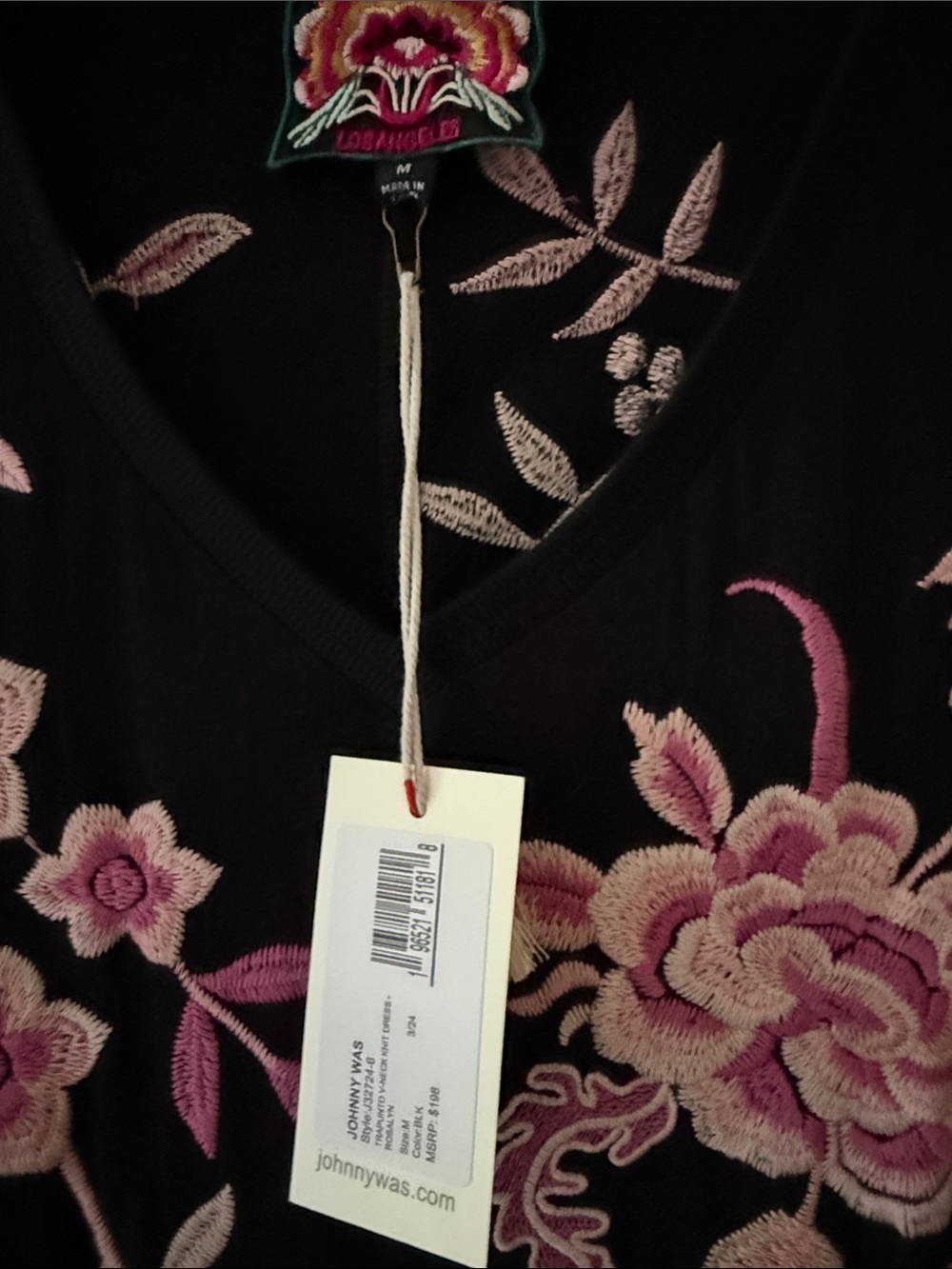 Johnny Was Black Midi Dress with Pink Floral Embroidery - Picture 2 of 5